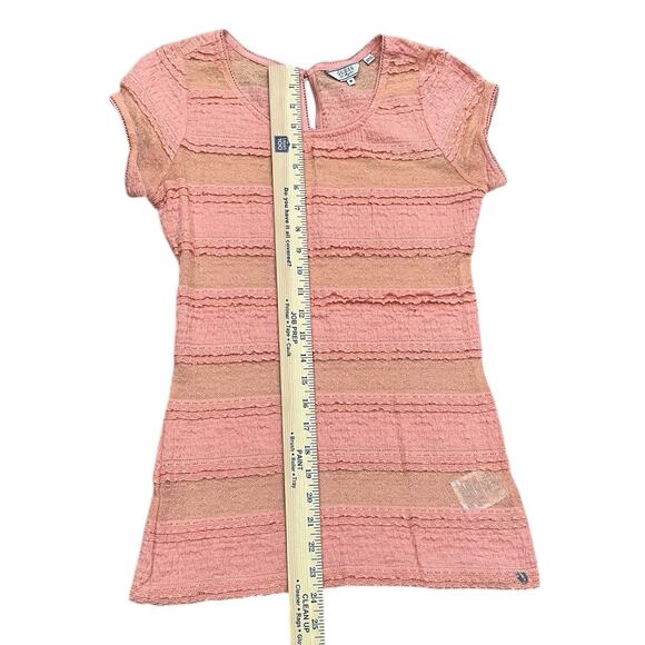 GUESS Y2K Top Peach Fitted Mesh Lace Sheer Sz M Romantic Coquette Blouse Stretch - Picture 5 of 8